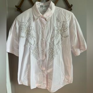 Vintage cotton pointed collar pearl embellished floral button up L